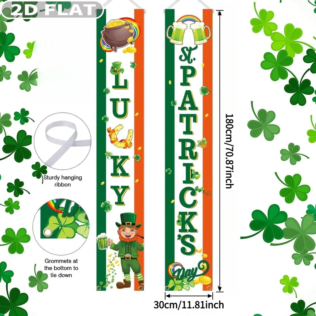 2D FLAT 1pair St Patricks Day Banner,11.81x70.87inch Polyester St.Patrick’s Day Porch Sign Front Door Hanging Banner Outdoor
