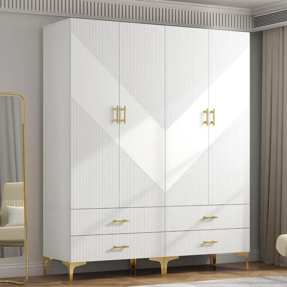 

Wardrobe Armoire with 4 Doors, 4 Drawers and 2 Hanging Rods, Twill Wood Closet Storage with Metal Cabinet Legs