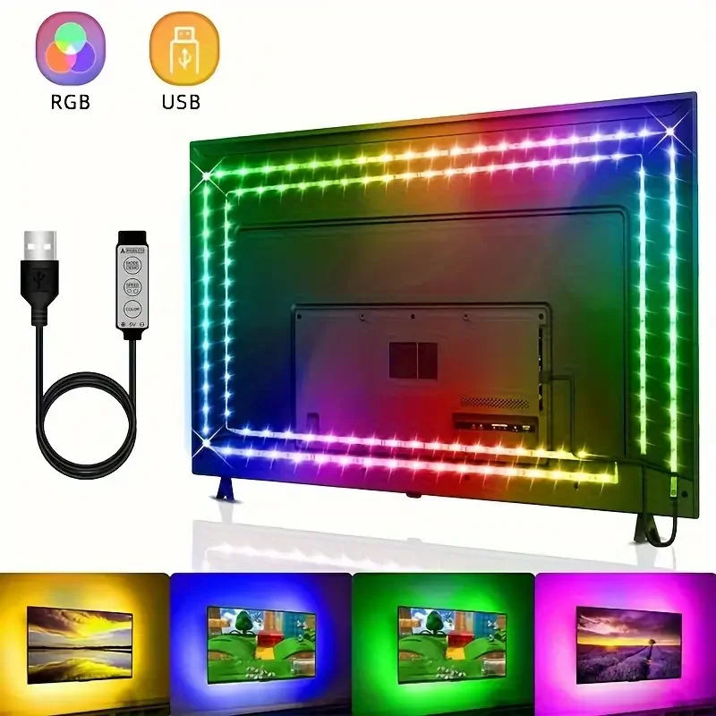 1 Rolle Niederspannungs-5V-Lichtstreifen 5050 RGB Bunter LED-Lichtstreifen mit einfachem Drei-Tasten-Controller, geeignet für Computer- und TV-Hintergründe, Gaming-Atmosphäre, Feiertagsmusik, Bühnenpartys und Heimdekoration