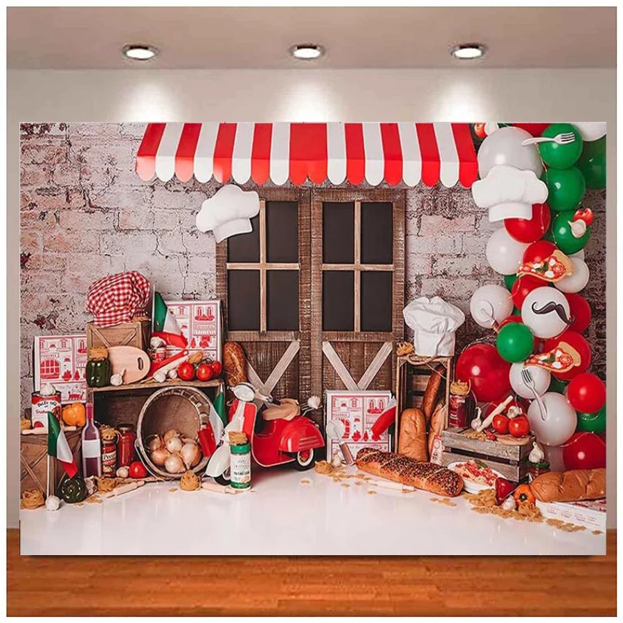 

Photography Backdrop Delicious Pizza Food Store Chef Balloon Retro Brick Wall Kid Family Photo Background Party Decor Studio