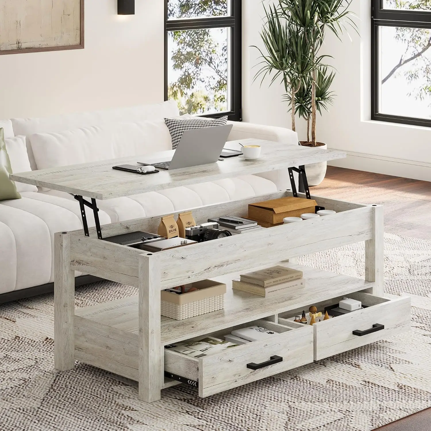 Mid-Century Modern Lift Top Coffee Table with Hidden Storage & 2 Drawers Gray Wood for Living Room Home Office, Customized