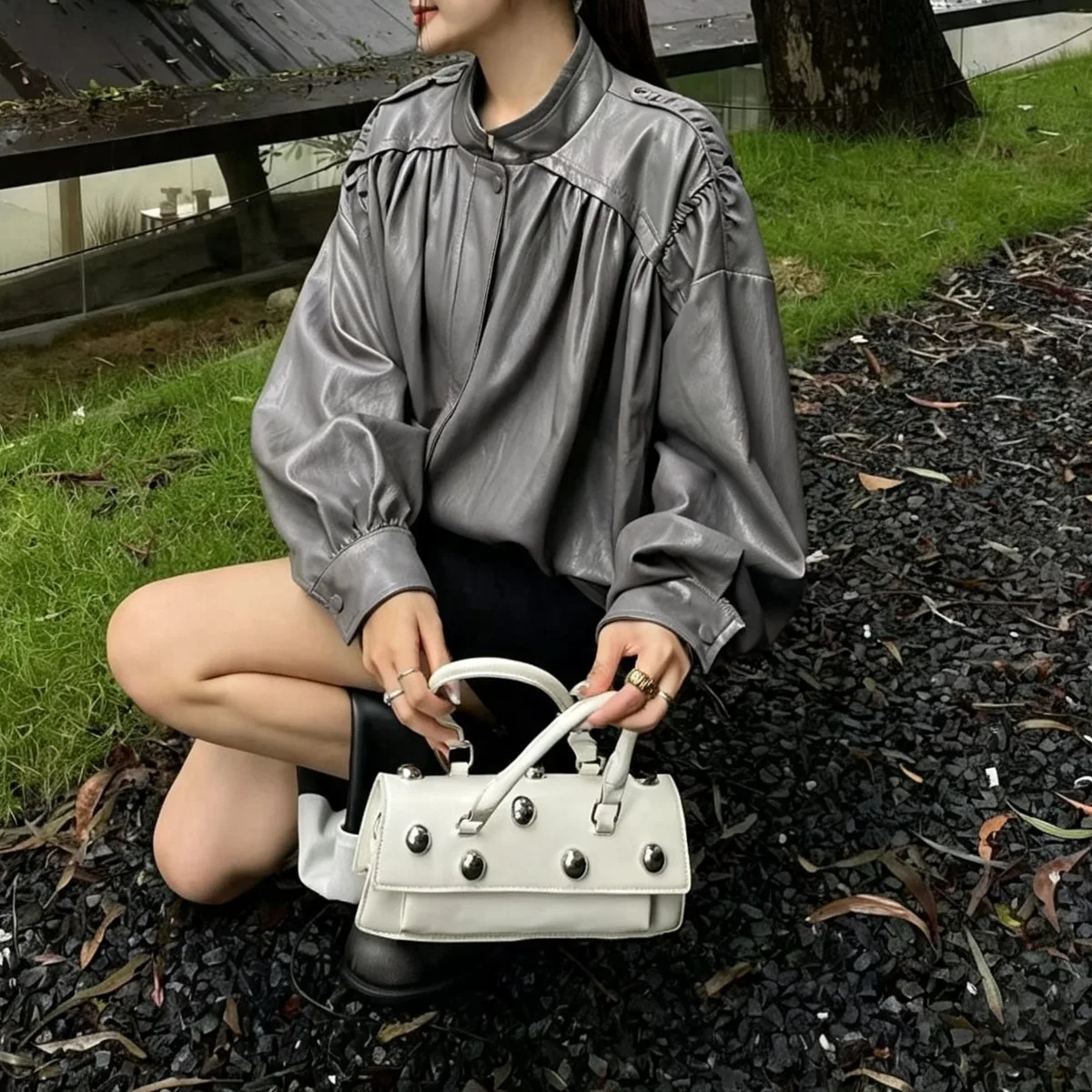 IG Women Stand Collar PU Jacket, Gathered Shoulder Design, Zip‑Button Closure, Drop Shoulder Long Sleeve, Loose Cropped Bomber