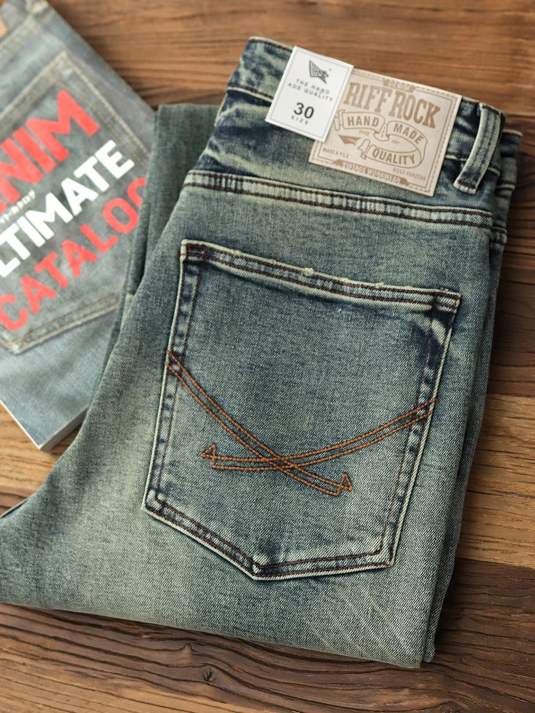 Jean en Denim Slim pour hommes, rétro américain, Vintage, Simple, 97% coton lavé, vieux, décontracté, léger, extensible, pantalon droit, nouvelle collection automne 2025