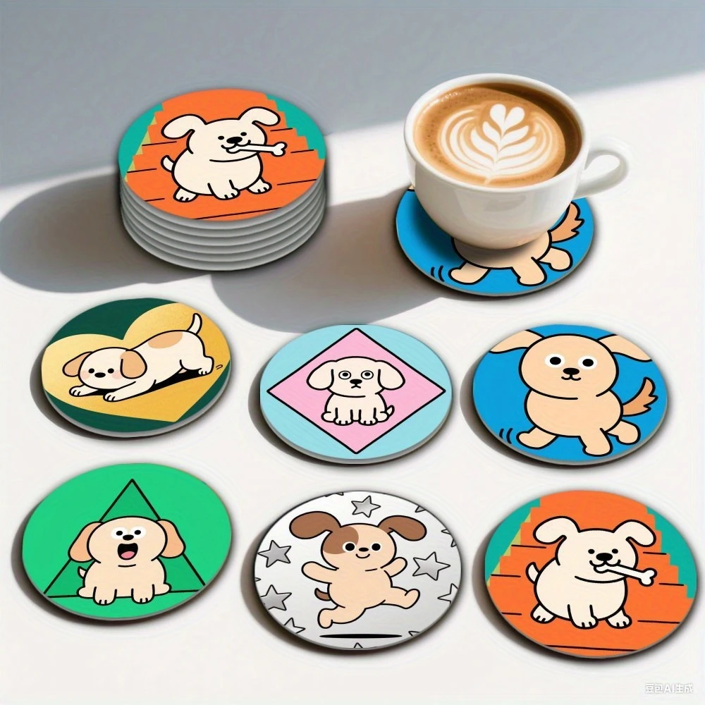 6 Stück 2D 4 Zoll Holzuntersetzer mit Cartoon-Welpen-Motiv, rutschfest, hitzebeständig, lustige Esstischdekoration, Café, Restaurant, einzigartige Geschenke