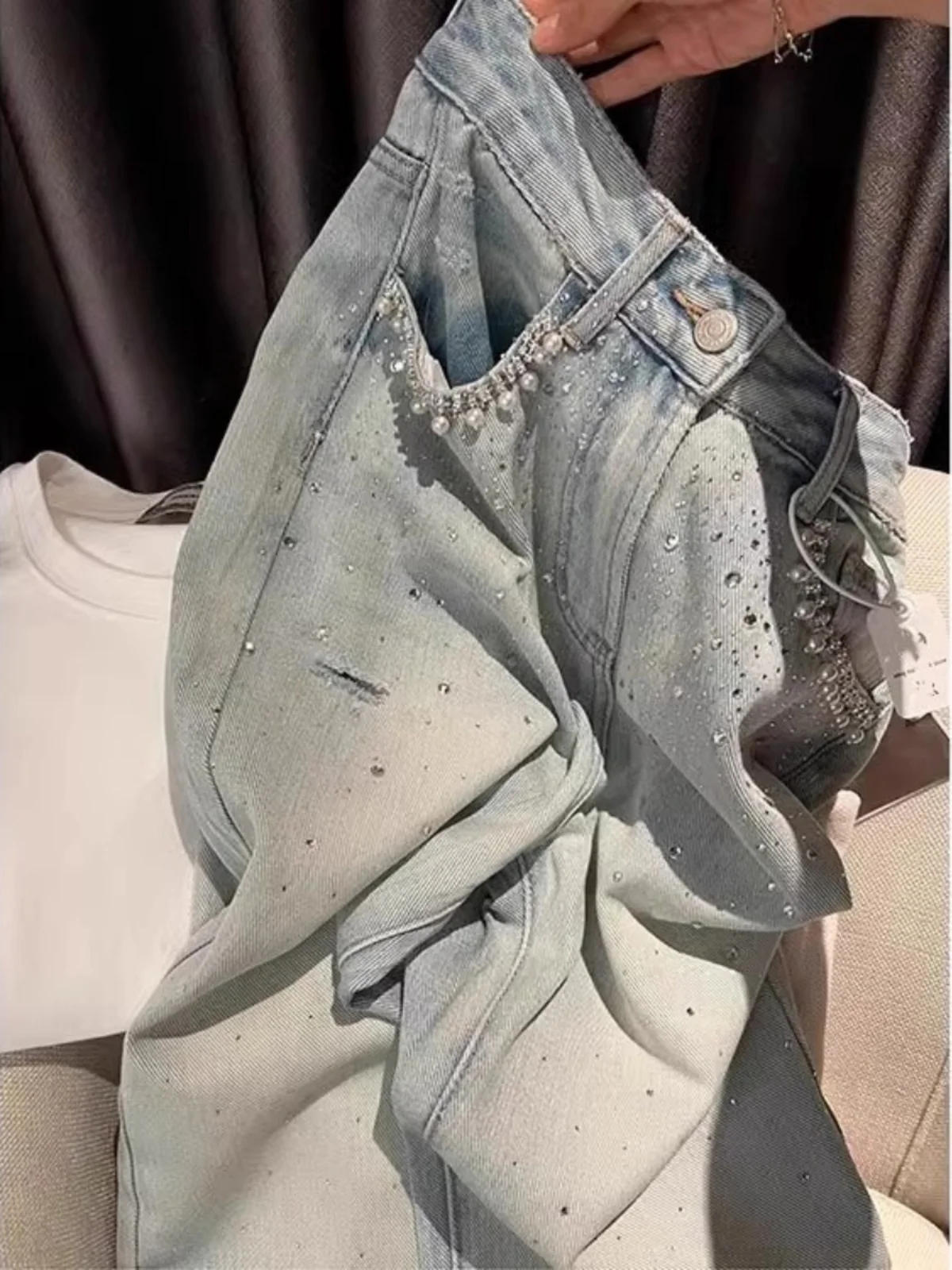 

Ретро американские легкие джинсовые джинсы для мужчин и женщин, летние утягивающие драпированные брюки с высокой талией, повседневные широкие брюки длиной до пола