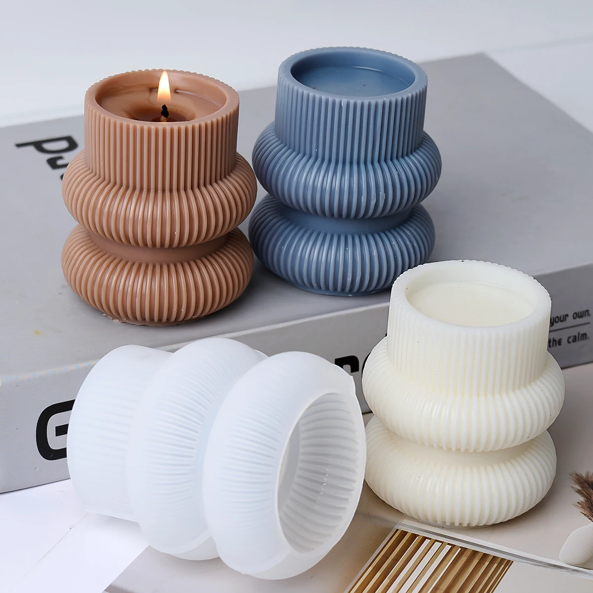 Stripe Candle Holder Silicone Mold 3D Geometric Cylindrical Scented Candle Soap Gypsum Concrete Pouring Mold DIY Craft Home Deco