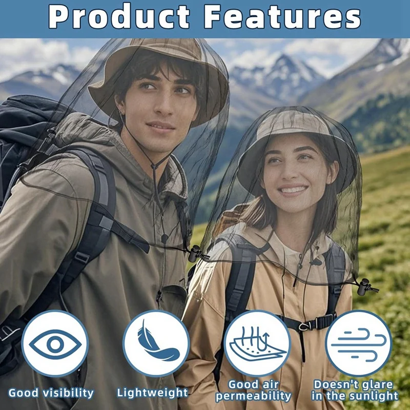 2 Pack Large Mosquito Net 99 X 66CM Mosquito Head Net Oversized Insect Netting Bug Fits Most Hats for Gardening Grey