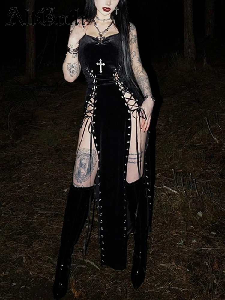 

AltGoth Gothic Dark Velvet Dress Women Sexy Streetwear Y2k E-girl Harajuku Grunge High Waist Split Lace-up Party Dress Female