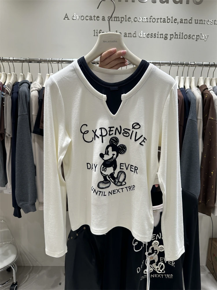 

Faux Two-piece Long Sleeve Women T-shirt 2025 New Spring Autumn O-neck Pullover Top Mickey Embroidery Slimming Cotton Basic Tees