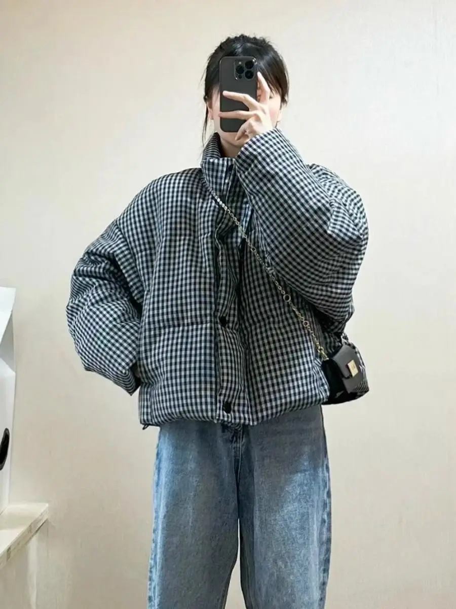 

Women's Plaid Stand Up Collar Short Jacket Vintage Style Autumn Winter Solid Color Female Zipper Long Sleeves Loose Coat