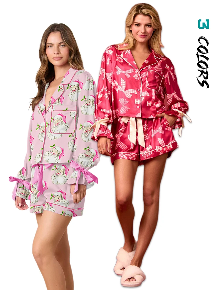 

Y2K Print Bow Pajama Sets for Women 2 Piece Shorts Cute Long Sleeve Matching Lounge Shirts Sets 90S Santa Claus pajamas Homewear