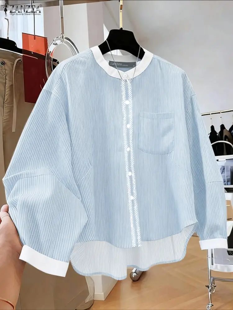 

ZANZEA Office Women Shirt 2025 Autumn Stripe Patchwork Blouse Elegant O Neck Long Sleeve Tops Button Blusas Casual Loose Chemise