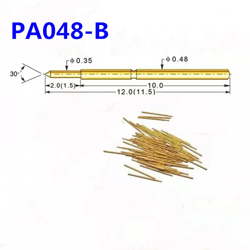 100PCS Gold-plated Spring Test Probe PA048-B Pointed Outer Diameter 0.48mm Total Length 12mm PCB Pogo Pin