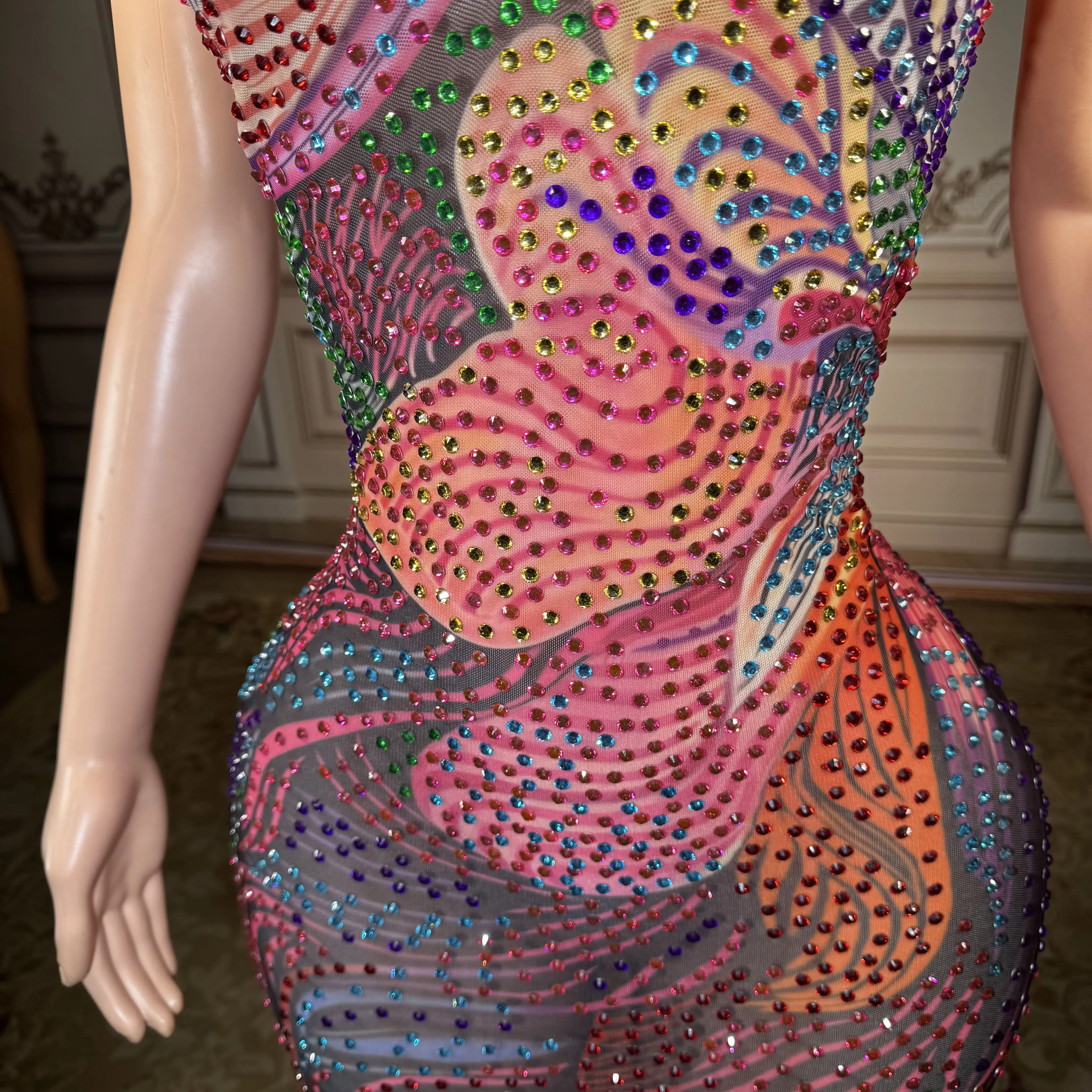 ZD ZD Plus Size Sexy Sheer Mesh Dress with Low Back & Colorful Rhinestones - Glamorous Nightclub & Party Gown for Women