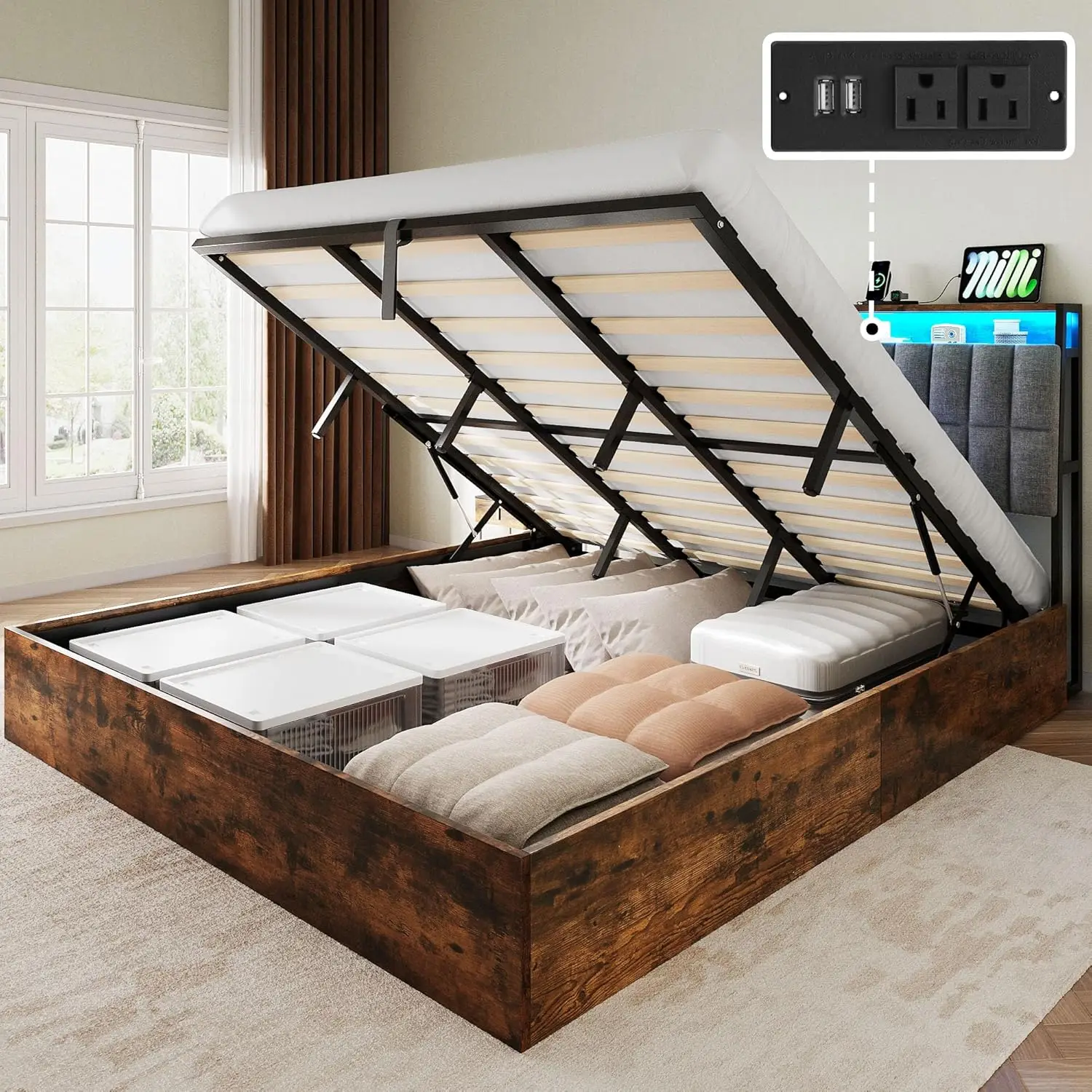 Yitahome King Size Lift Up Bed Frame With Charging Station & Rgb Led Lights, Linen Upholstered Storage Headboard Bed, Heavy