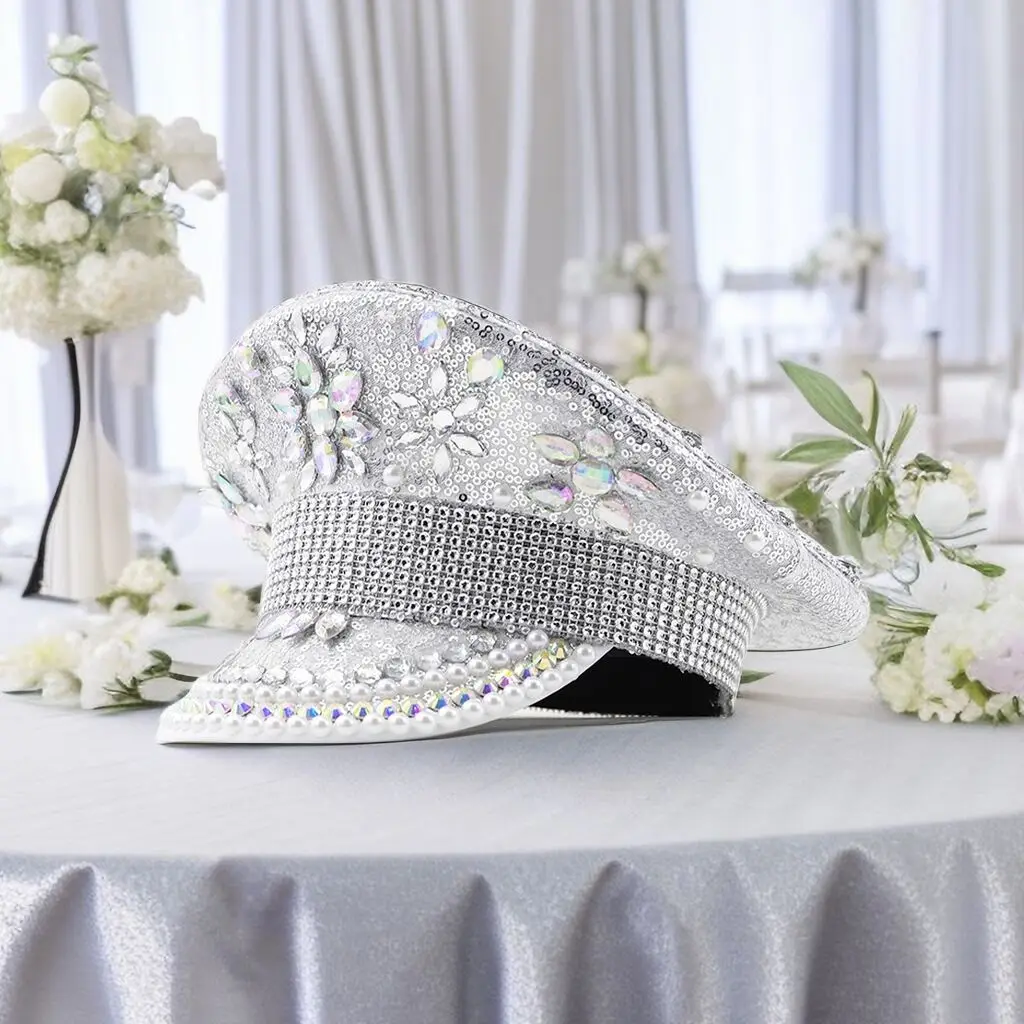 Fashion Women Bride Captain Hat Military Cap Sergeant Bridal Hat Hen Do Hat Festival Birthday Part Hat Luxury Rhinestone