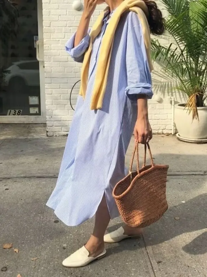 Spring Summer 2026 Loose Women's Blue Striped Shirt Dress Korean Design Sensation Fashionable Split Mid-Length Casual Wear