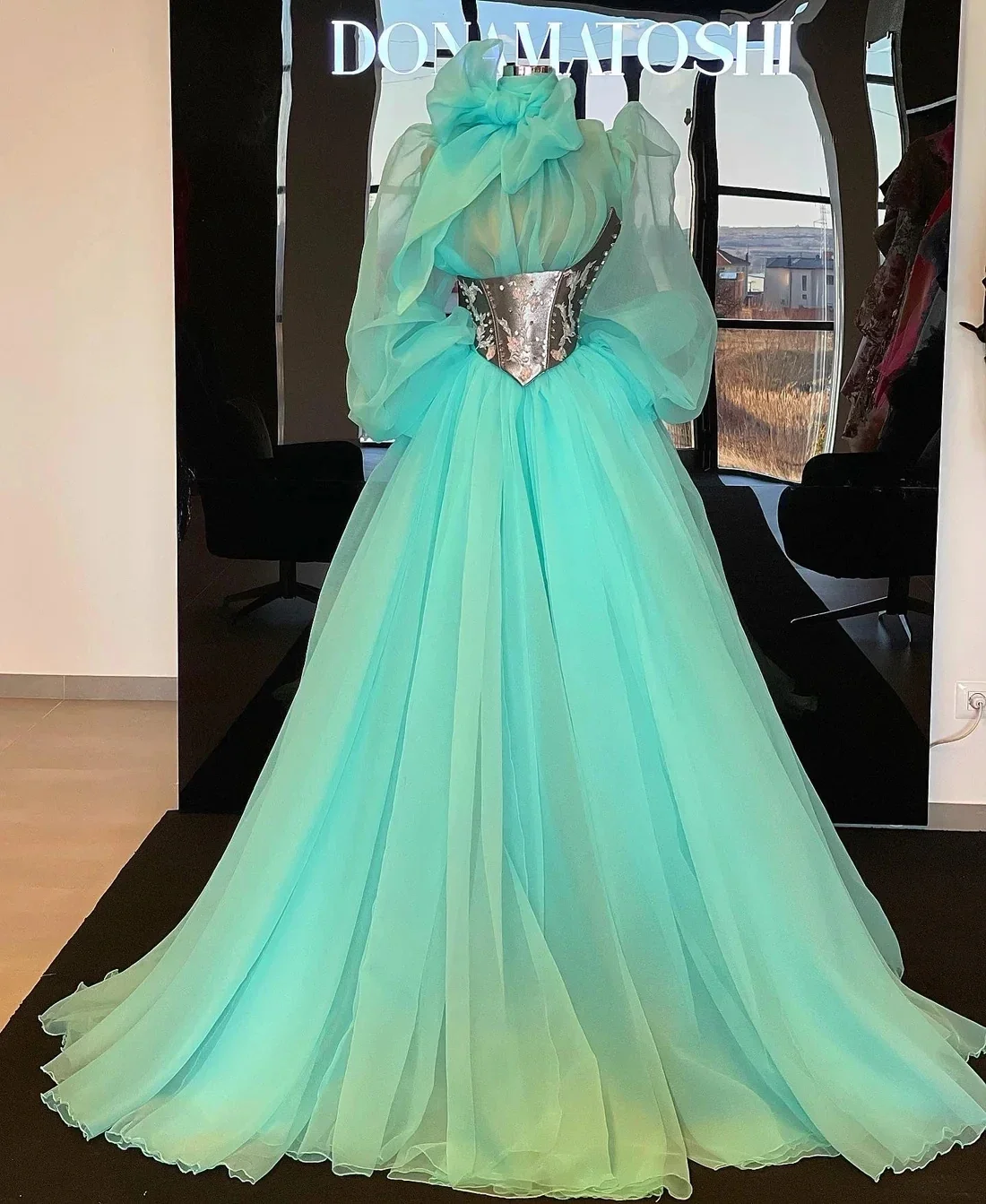 

Turquoise Prom Dresses Haute Couture Long Sleeves Tulle Saudi Arabia Dubai Robe De Soiree Evening Dress Gown Customized