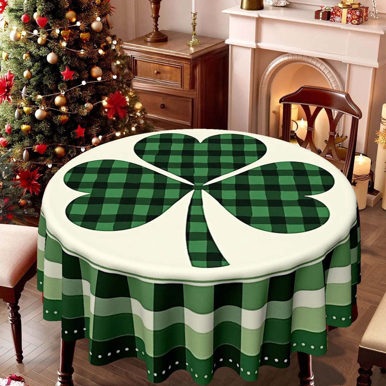 1 tablecloth, Christmas, St. Patrick's Day themed round tablecloth, checked and clover design