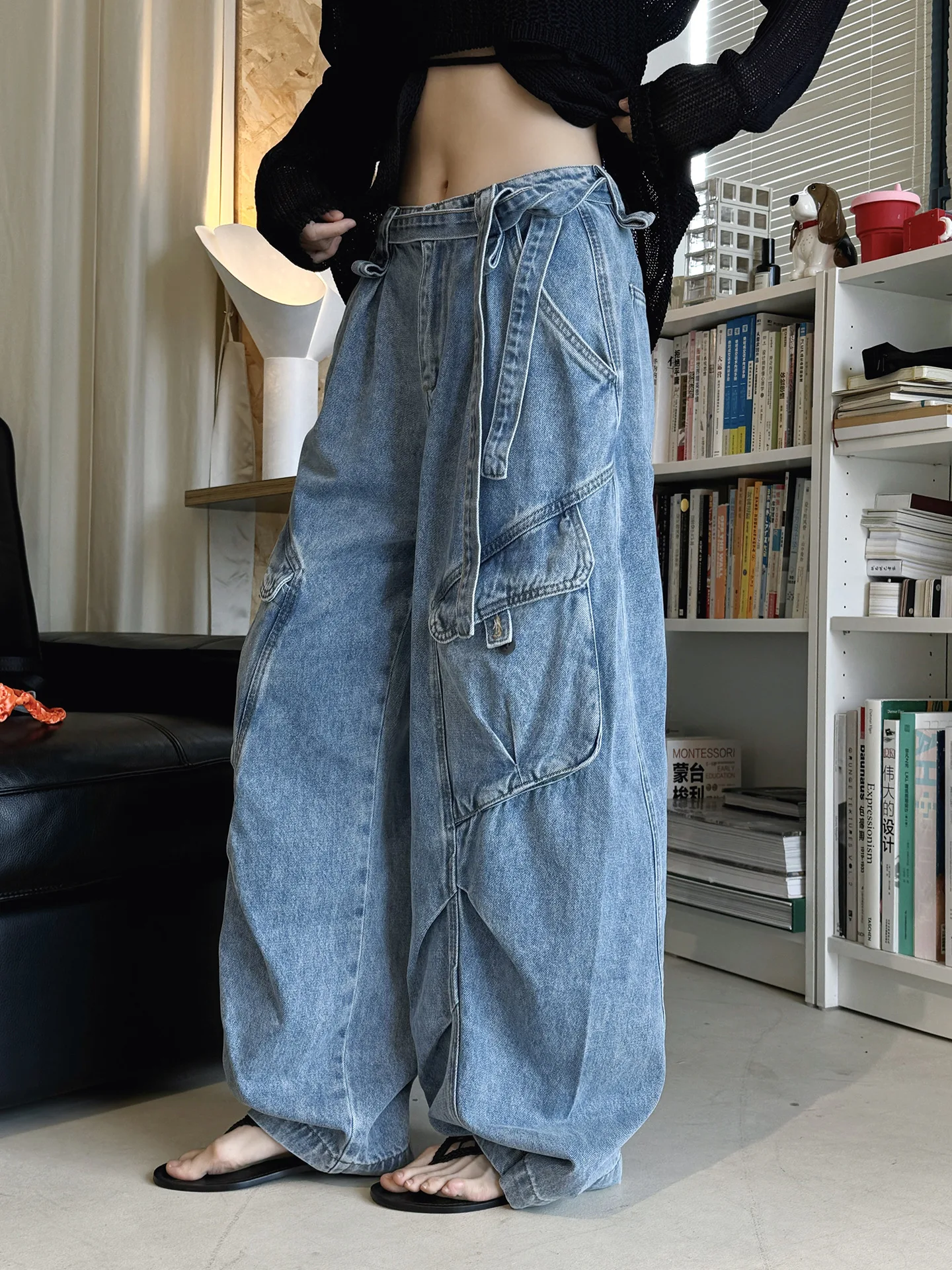 Spring/Summer New American Retro Deconstructed Split Multi Pocket Heavy duty workwear Jeans Wide Leg Pants Women