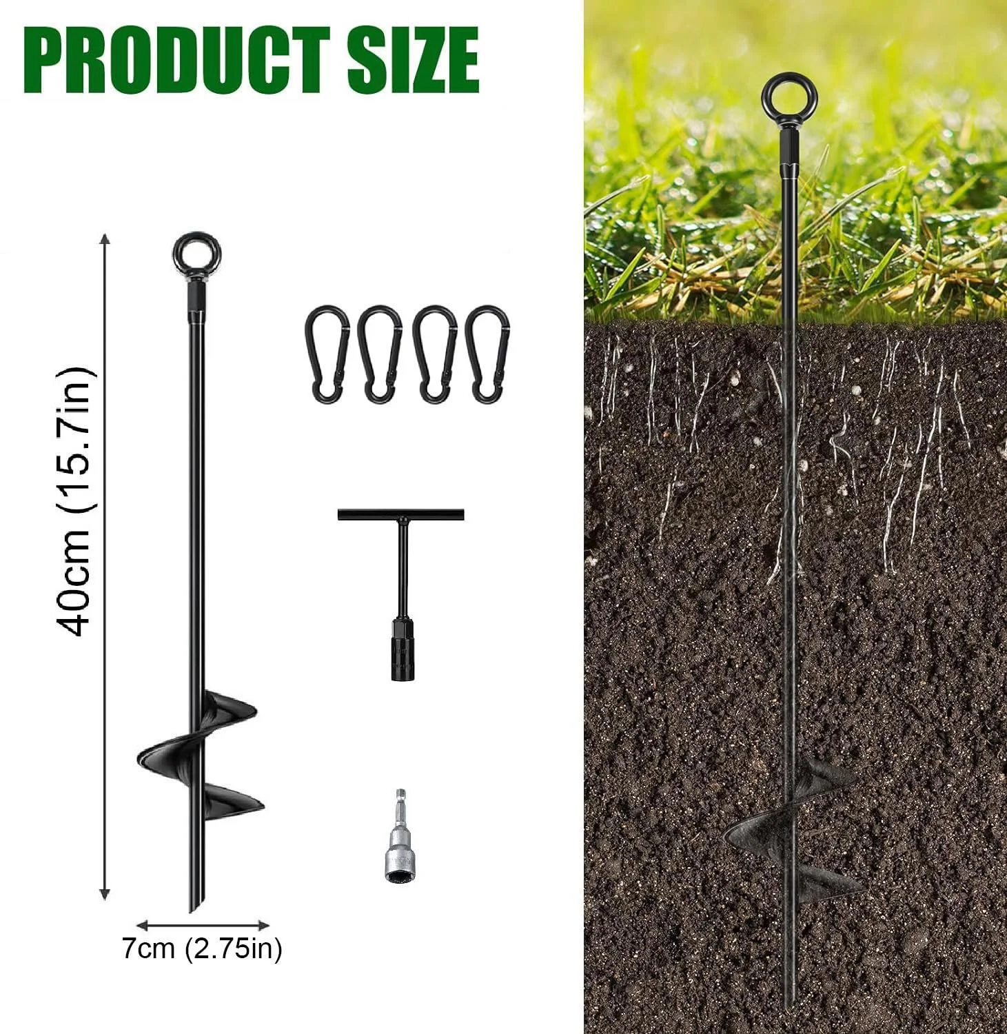 Trampoline Ground Anchor Set of 4, 40 cm Set with Rotating Aid for Tents Swings Canopie Metal Trampoline Anchor Kit Strong Wind