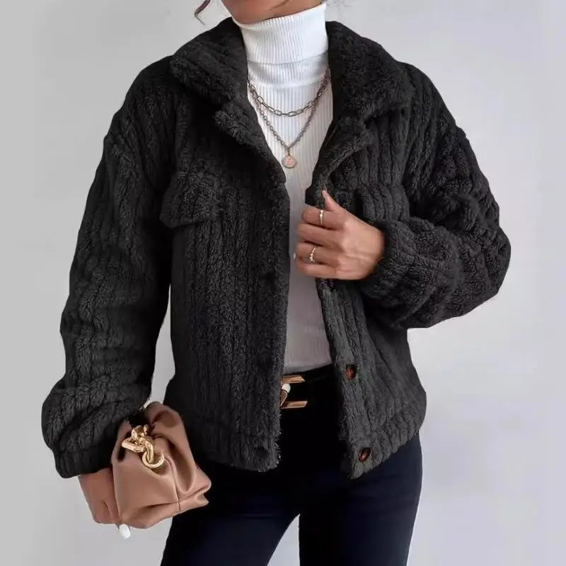 

Women's Thick Rabbit Plush Coat Lapel Shirt Urban Style Long Sleeve Winter Outerwear Warm Fluffy Jacket for Middle-Aged Women