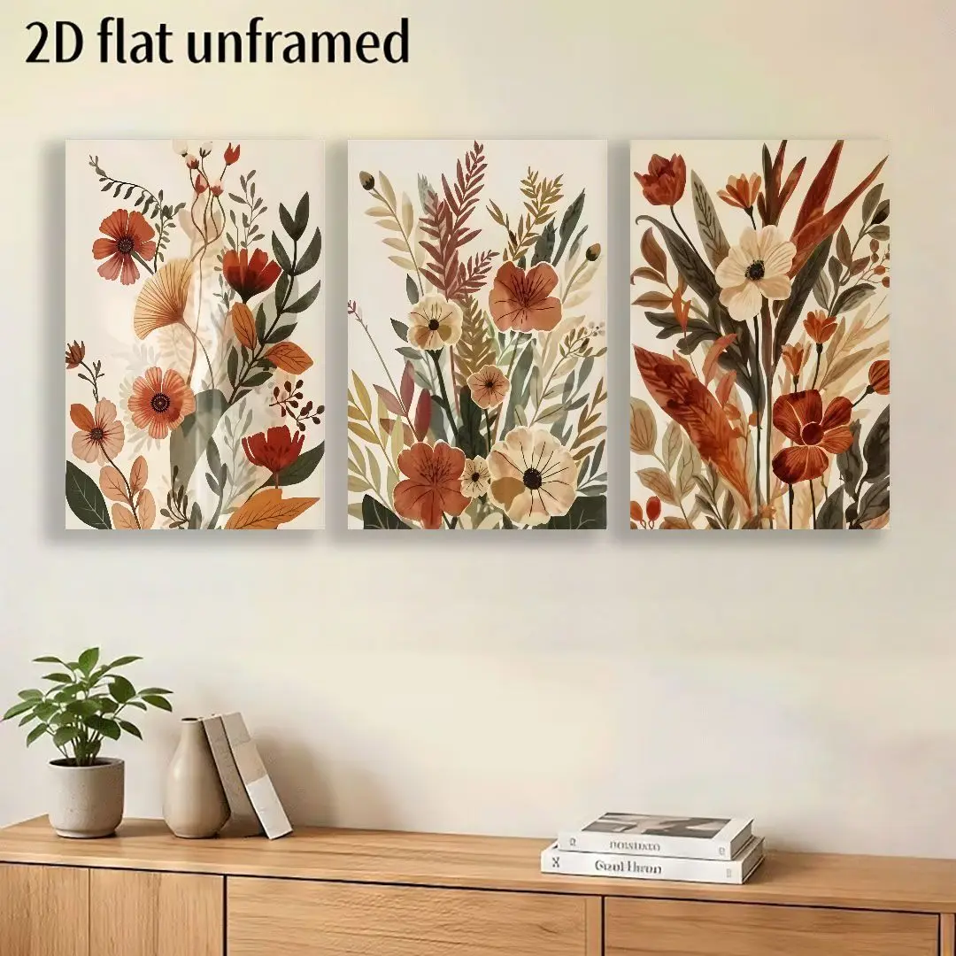 2D Flat, 2D Flat, (2D Flat Paintings) 3pcs Frameless Vintage Floral Canvas Wall Art, Modern Wall Art, HD Printed, Aesthetic R