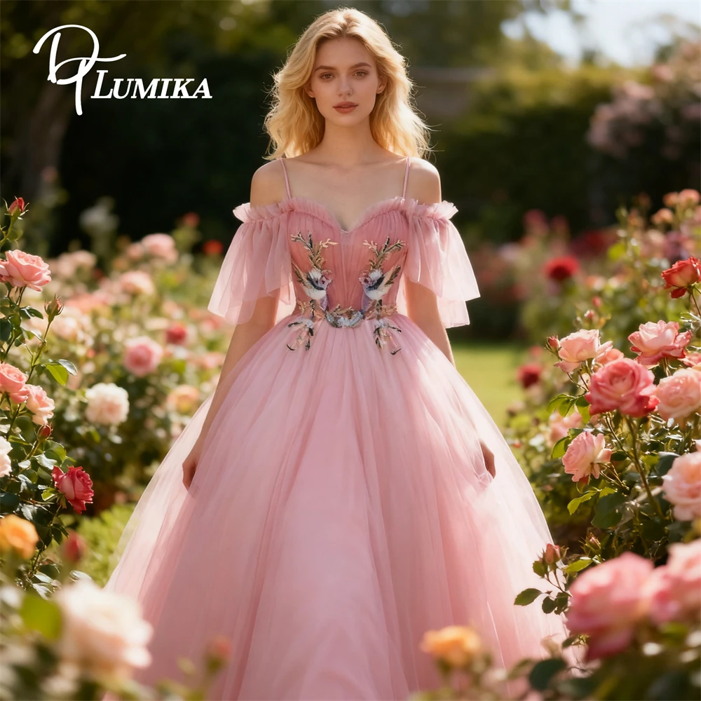DTLumika Lovely Pink Tulle Prom Dress for Women, Floral Appliques Sweet 15 16 Dresses Simple Evening Gowns Wedding Guest Dresses