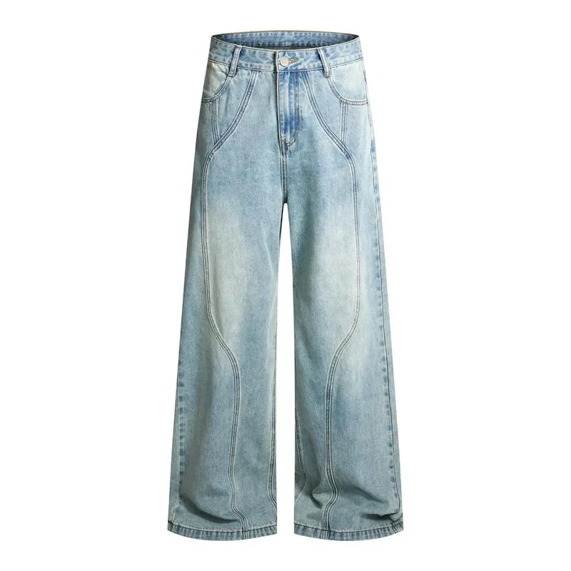 

Deconstructivist Design Functional Style Washed Linestyle Segmented Patchwork Workwear Trendy Straight Denim Pants 9XHJ35