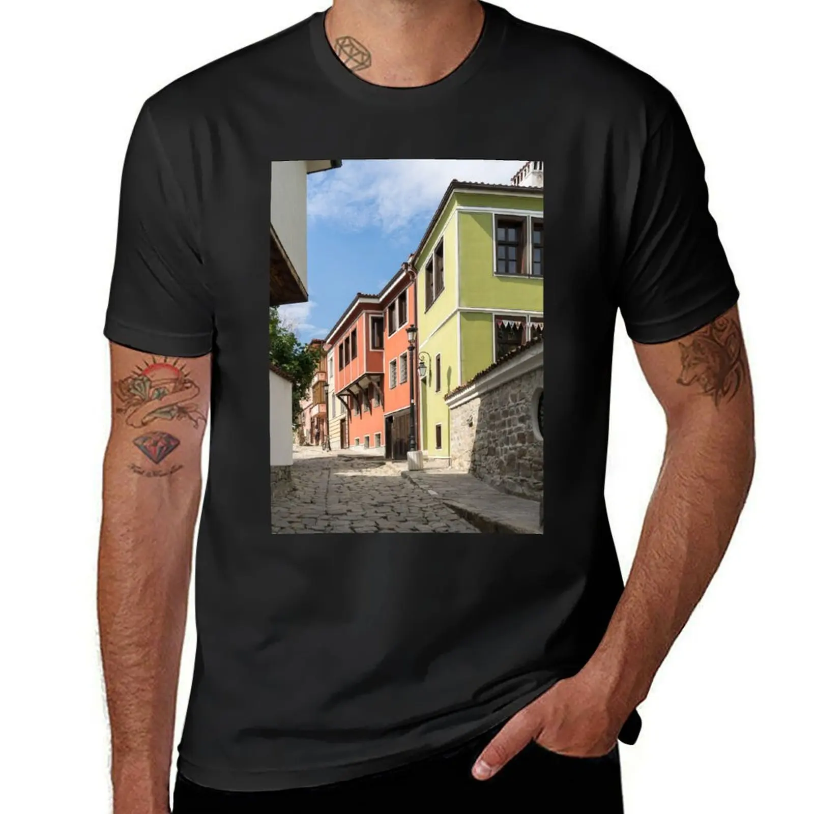 Steep Cobblestoned Street and Boldly Painted National Revival Houses T-Shirt anime clothes plus sizes Men's t shirts