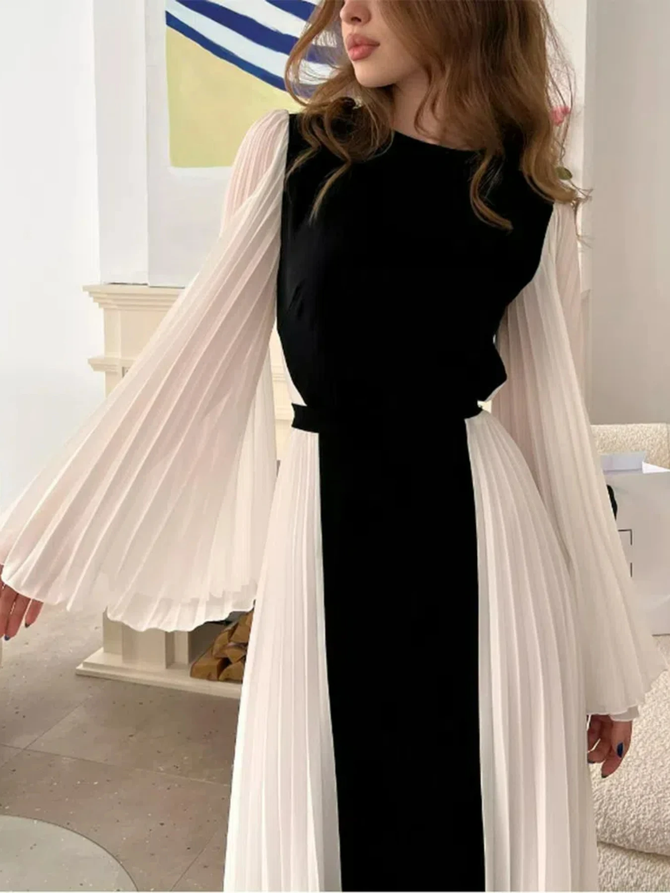 Mikydely-Elegant round neck long sleeve loose pleated dress fashion Trumpet Sleeve casual dress for woman Chiffon Dresses