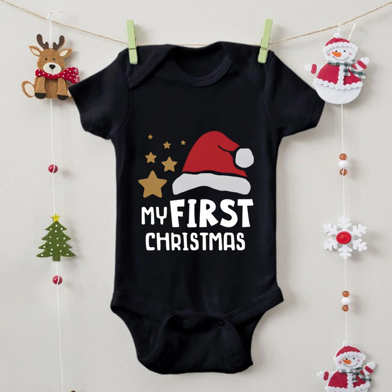 My First Christmas Newborn Baby Bodysuits Clothes Cartoon Xmas Hat Short Sleeve Boy Girl Infant Romper Chrimbo Gifts Jumpsuits