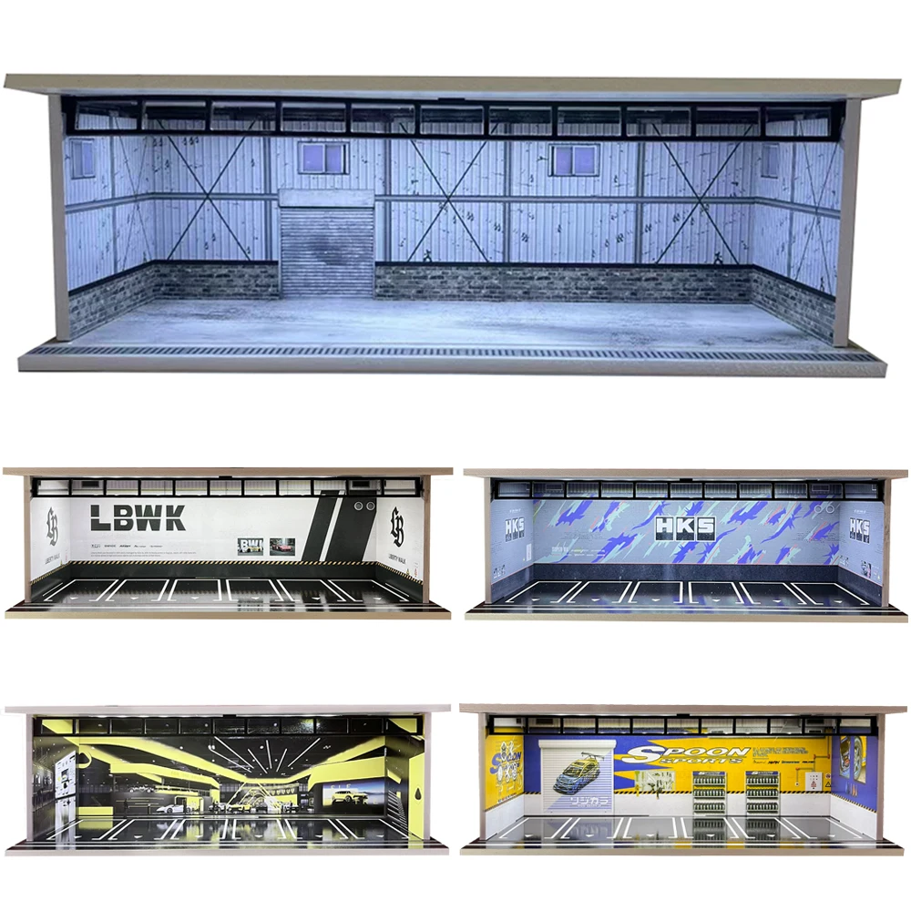Kit modello di parcheggio Diorama in scala 1/64 con illuminazione a LED Scena di visualizzazione per auto Set di giocattoli per assemblaggio di fondale per garage per collezionisti