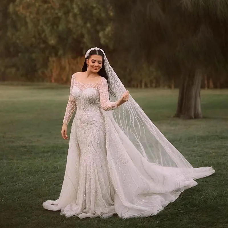 

2025 Modern Dubai Luxury Muslim Mermaid Evening Dresses Sequin Beaded Bridal Gowns with Detachable Train Robes Vestidos De Novia