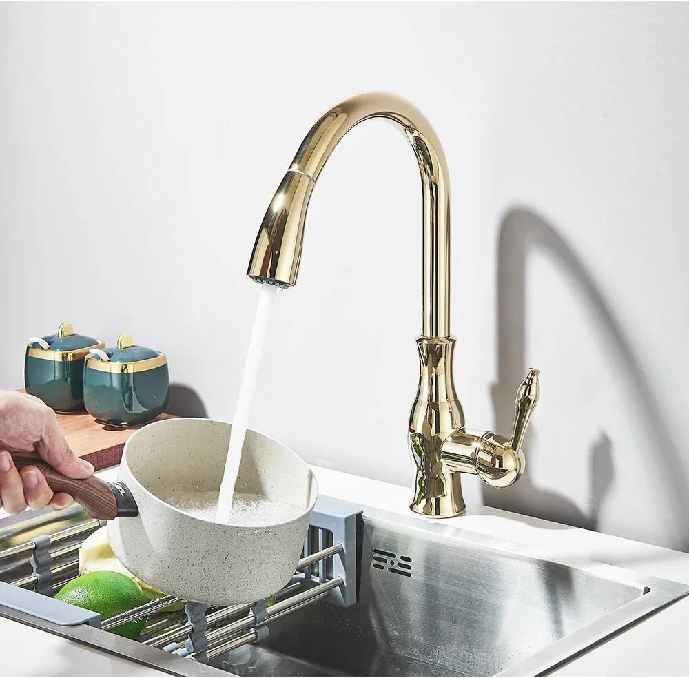 Kitchen Faucets Rotation Hot&Cold Water Mixer Tap Gold Polish Swivel Spout Sink Faucet Pull Down Sprayer Single Handle Faucets