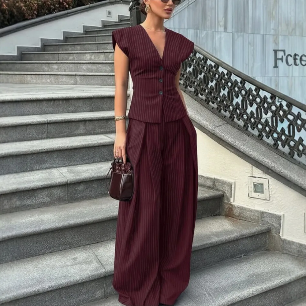 Women Striped Print Two Piece Sets Summer V-Neck Button Sleeveless Vest + Wide Leg Trousers Suit Elegant Office Trousers Outfits
