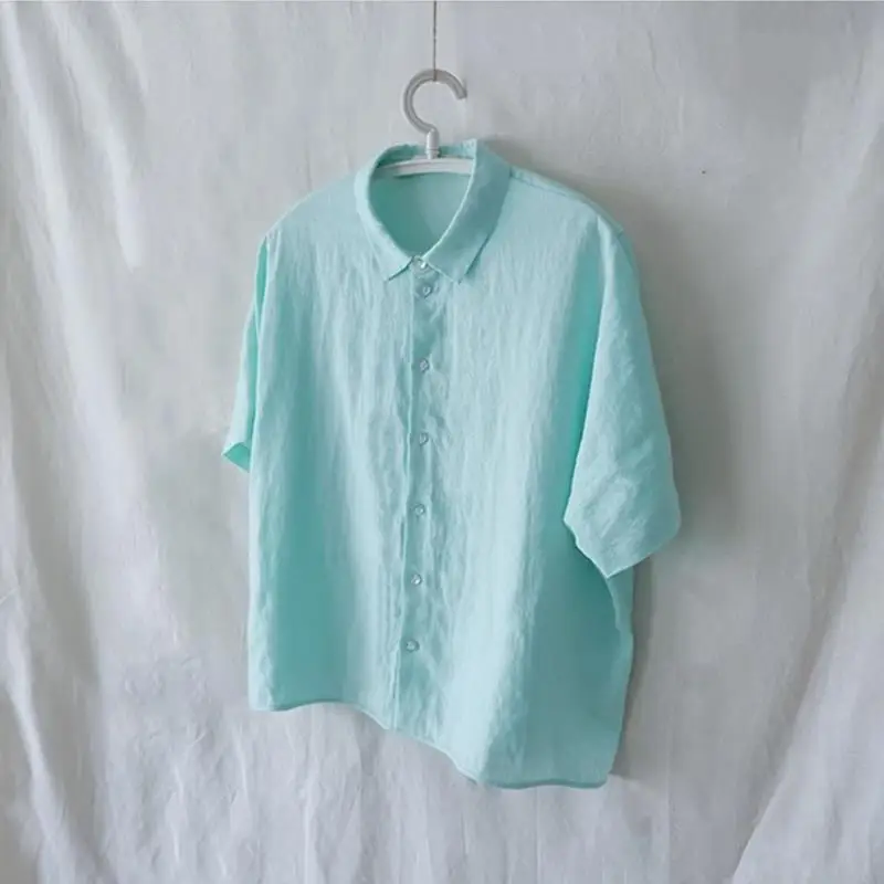 Prachtige Mint een Linen ort Sve irt damestop Super White Enhancing Summer Faion Koreaanse Sle Straight Cut