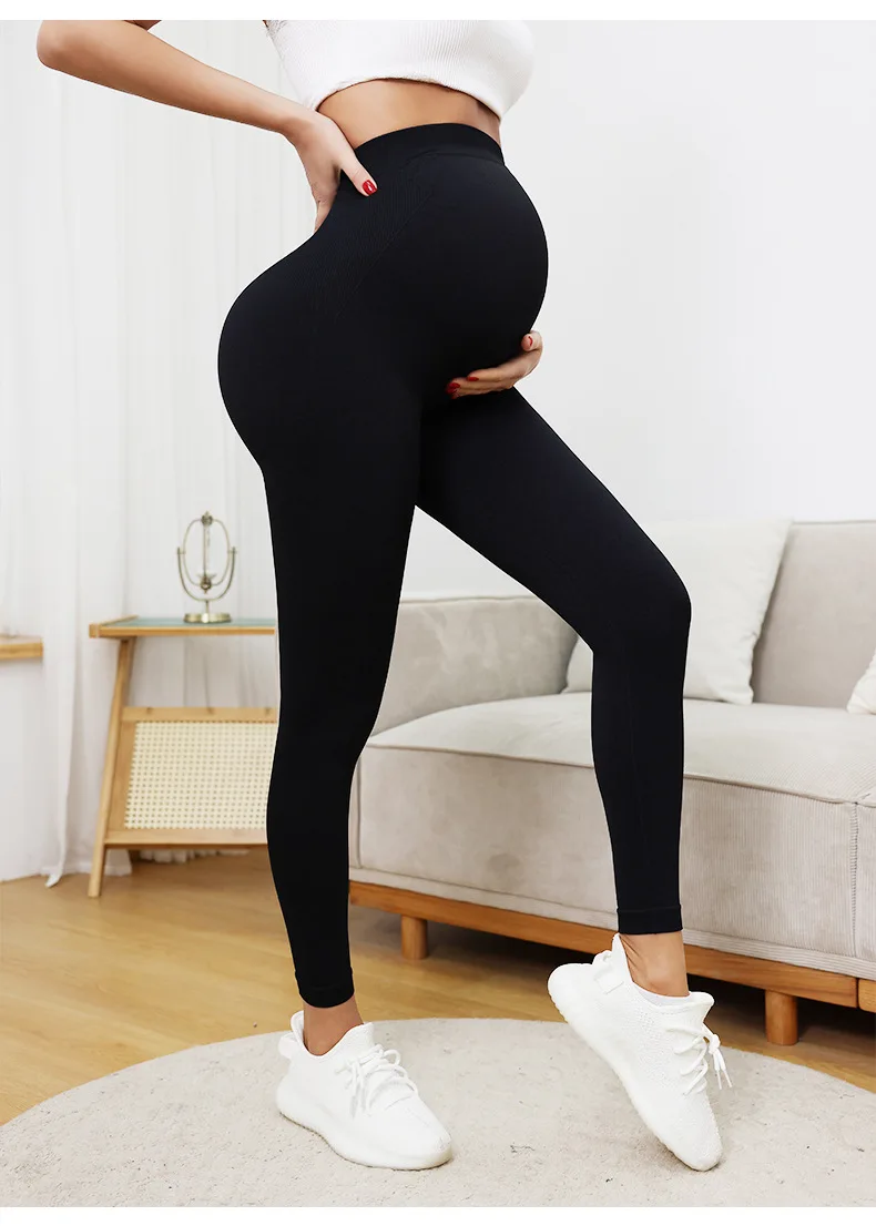 Neue Nahtlose Gestrickte Yoga Hosen Hohe Taille Schwangerschaft Leggings Mutterschaft Kleidung für Schwangere Frauen Bauch Unterstützung Körper Lange Hosen – Detail 5