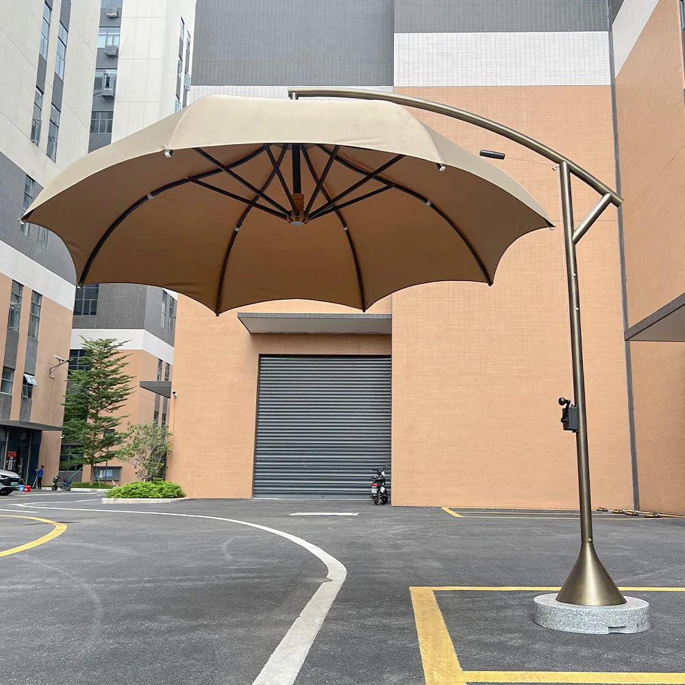 

Высококачественный уличный консольный зонт-парасоль с изогнутой стойкой, уникальный, для патио, из алюминия и нержавеющей стали, ветрозащитный, с основанием