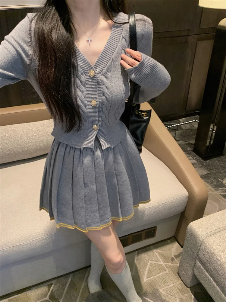 New 2024 Fall Fashion Grey Knit 2 Piece Sets Long Sleeve V Neck Cardigan&Pleated Mini Skirt Women Two Pieces Slim Sweater Suits