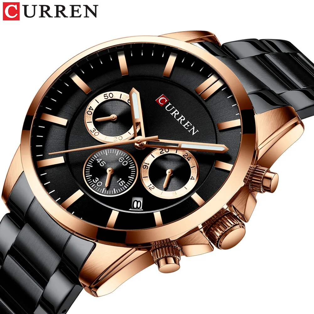 Fashion Curren Top Brand 8358 Luxury Coffee Gold Full Stainless Steel Men's Quartz Business Chronograph Sports Military Watches