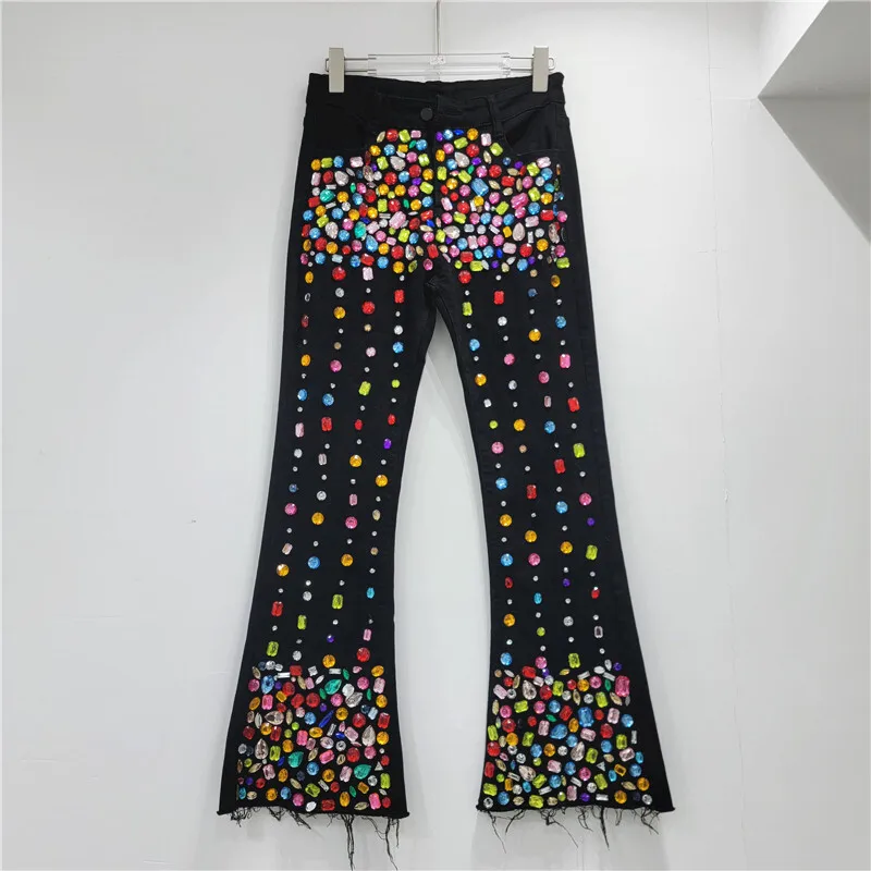 

Women Autumn Winter Handmade Diamonds Beaded Long Denim Pants High Waist Slim Elastic Micro Ragged Jeans Rhinestones Trousers
