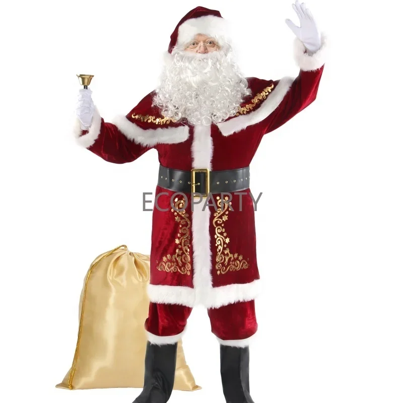 12PCS Men's Christmas Costume Adult Santa Claus Costume Xmas Suit Hat Shawl Top Pants Belt Boots Mitten Beard Wig Set M-5XL