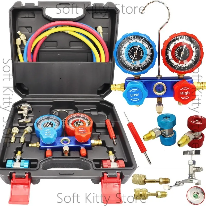 Car Air Conditioning Pressure Manifold Gauge Hose Kit R22 R-410A R-134a R-404A Refrigerant Pressure Gauge Set Storage Box