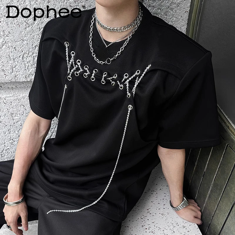 

Men's Trend Short Sleeve Round Neck T-Shirts Men's 2025 Summer New High Street Solid Color Tops Male Chain Decoration Loose Tees