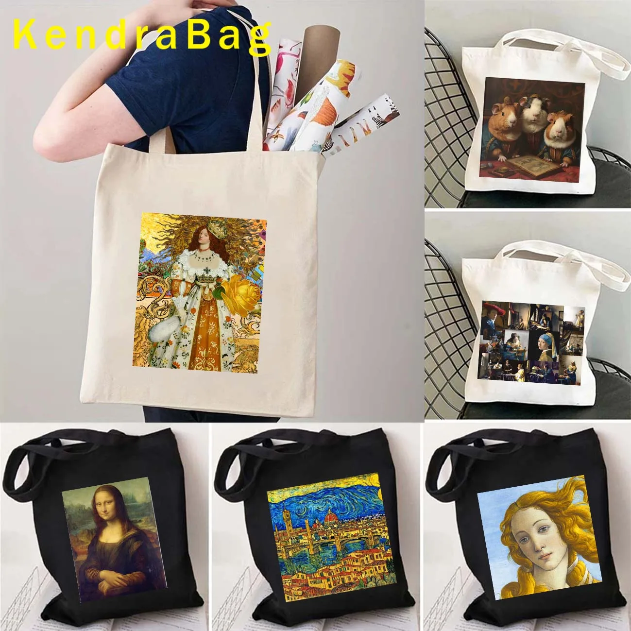 

Renaissance Oil Painting Art Angel Sun Princess Mona Lisa Starry Night Flowers Shopper Canvas Shoulder Totes Bag Cotton Handbags