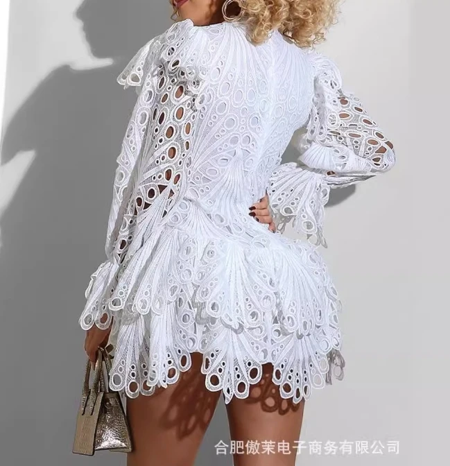 British Style for Women 2024 Spring Summer Short Skirt Elegant Sexy Long Sleeved Half High Collar White Lace Cutout Mini Dress