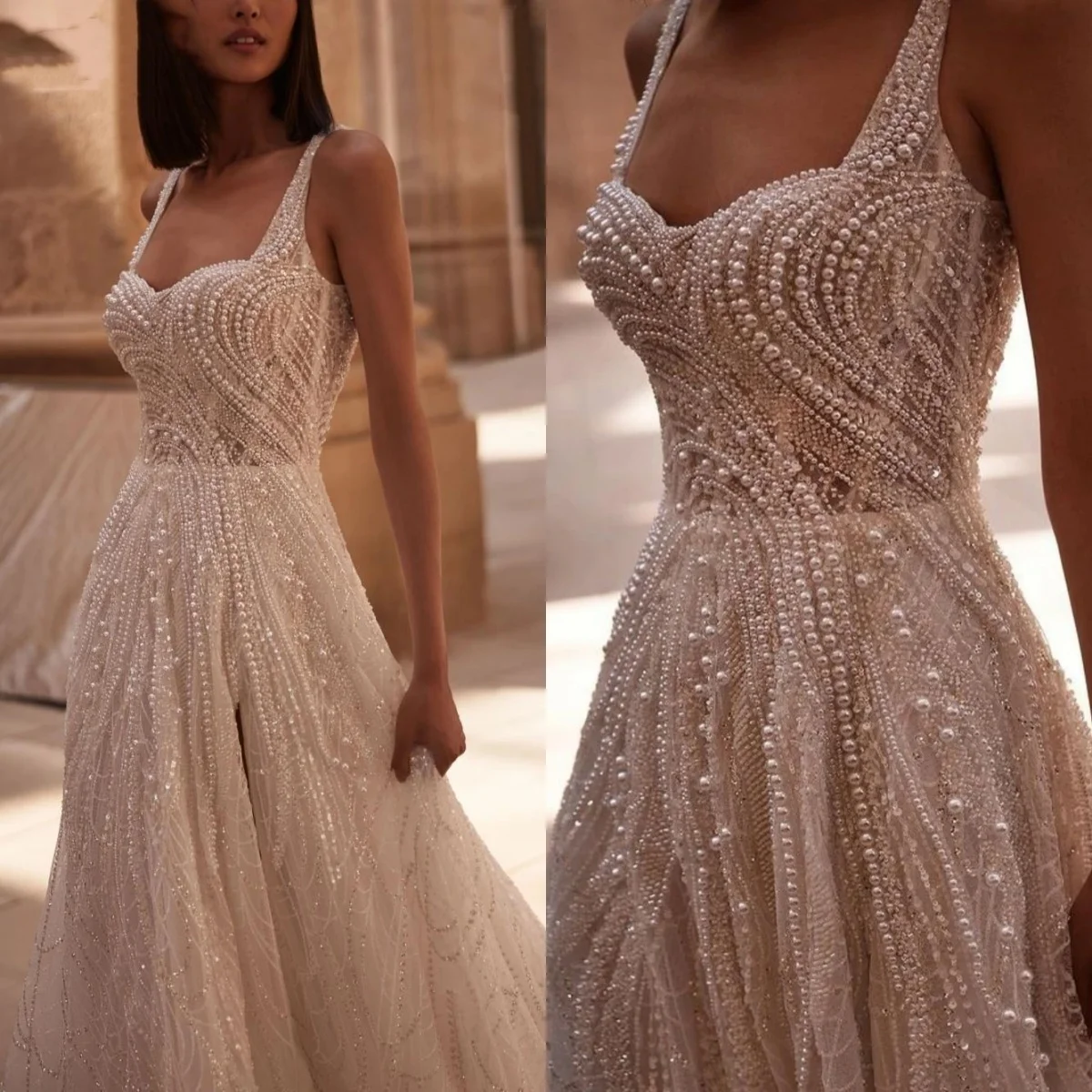 Vintage Bridal Dress Sequins Pearls Wedding Gown Spaghetti Strap Sleeveless Ball Gown Split Side Sweep Train Customized Dresses