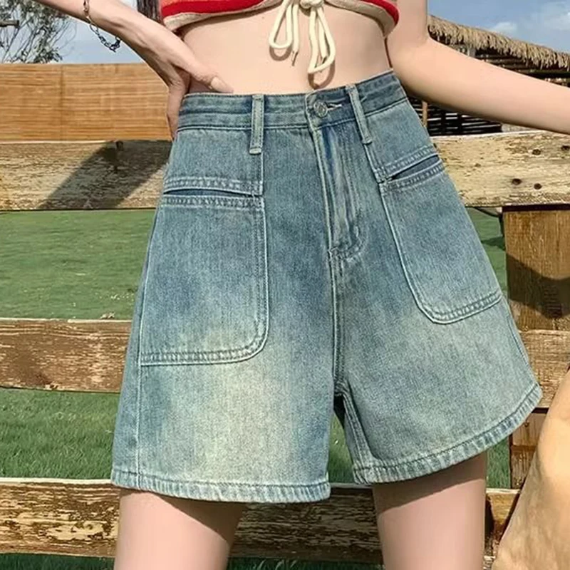 Spring and summer new high waisted denim shorts for women with loose and casual design  retro wide leg A-line hot pants