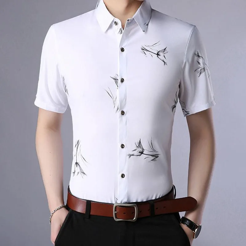 Tendência moda impressa camisa masculina de peito único verão coreano casual confortável manga curta polo-pescoço camisa roupas masculinas